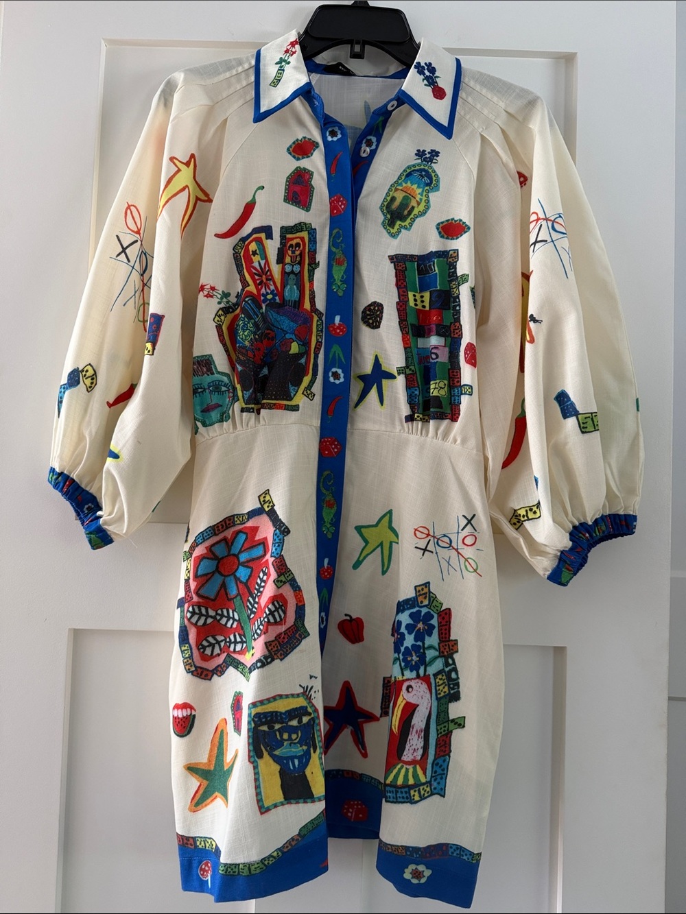 Beulah Cream Midi Dress with Multicolor Folk Art Embroidery